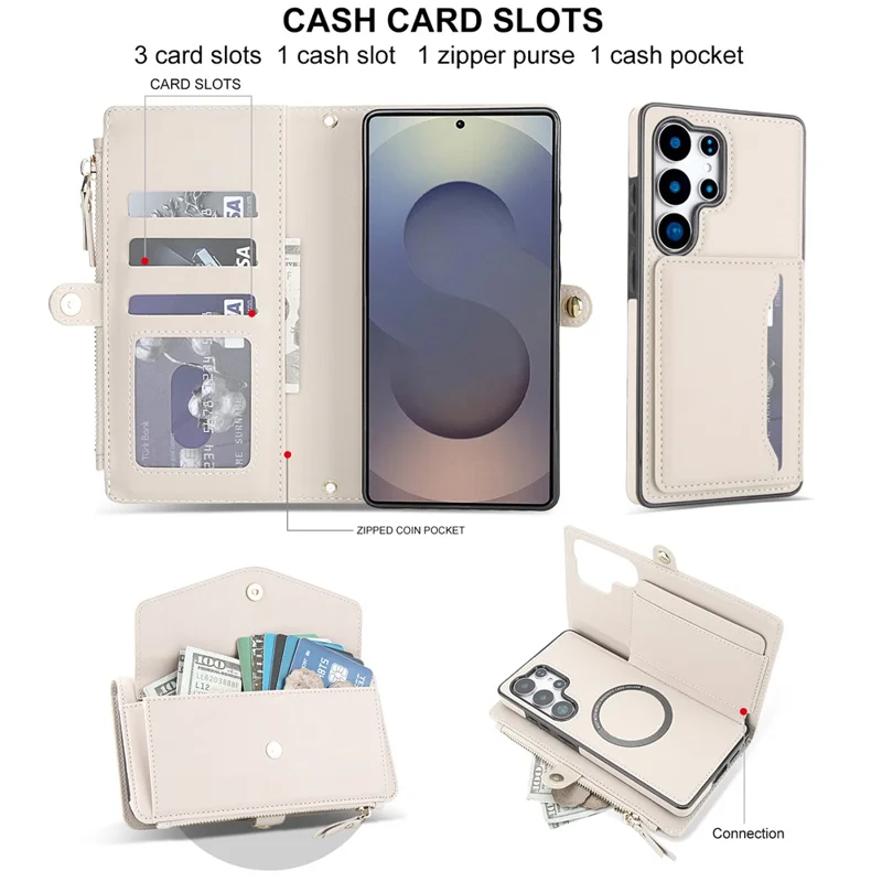For Samsung Galaxy S24 Ultra Wallet Case Magnetic Detachable PU Leather Phone Cover with 2 Straps - White