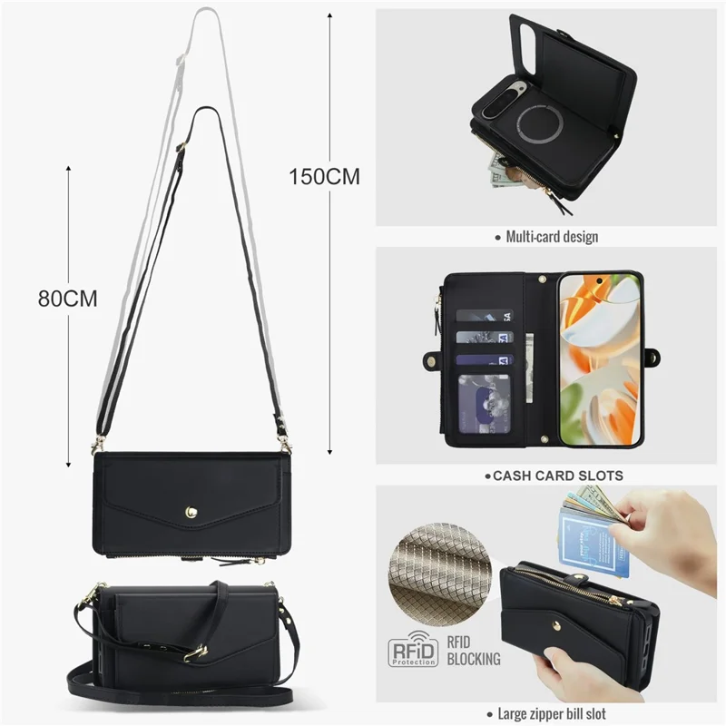 Funda tipo cartera para Google Pixel 9 Pro / Pixel 9 con cierre magnético de cuero PU, desmontable, con 2 correas - Negro