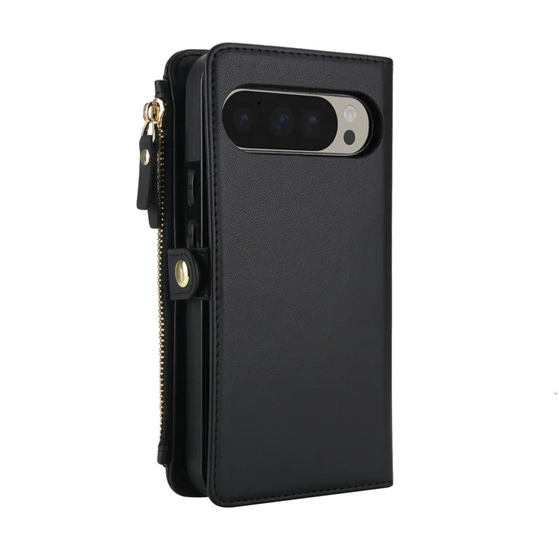 Funda tipo cartera para Google Pixel 9 Pro / Pixel 9 con cierre magnético de cuero PU, desmontable, con 2 correas - Negro
