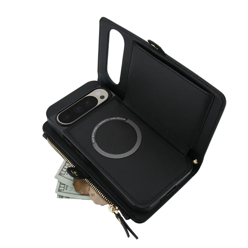 Funda tipo cartera para Google Pixel 9 Pro / Pixel 9 con cierre magnético de cuero PU, desmontable, con 2 correas - Negro