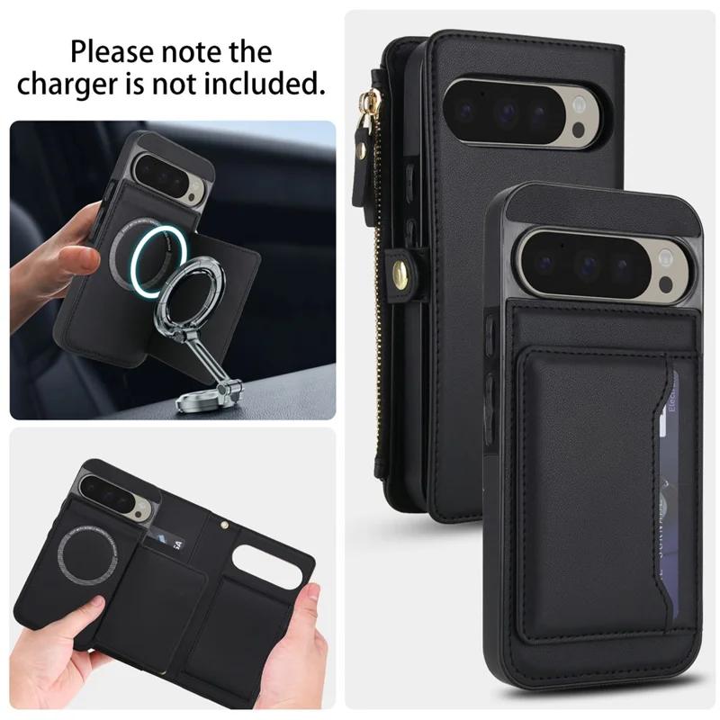 Funda tipo cartera para Google Pixel 9 Pro / Pixel 9 con cierre magnético de cuero PU, desmontable, con 2 correas - Negro