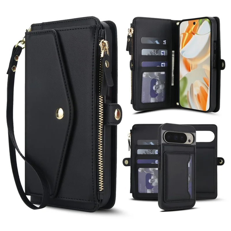 For Google Pixel 9 Pro XL Wallet Case Magnetic Detachable PU Leather Phone Cover with 2 Straps - Black