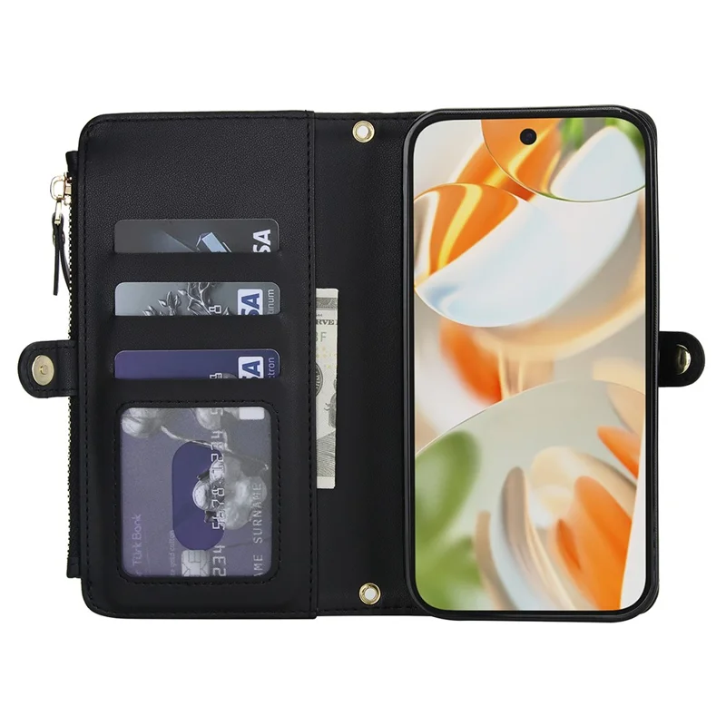 For Google Pixel 9 Pro XL Wallet Case Magnetic Detachable PU Leather Phone Cover with 2 Straps - Black
