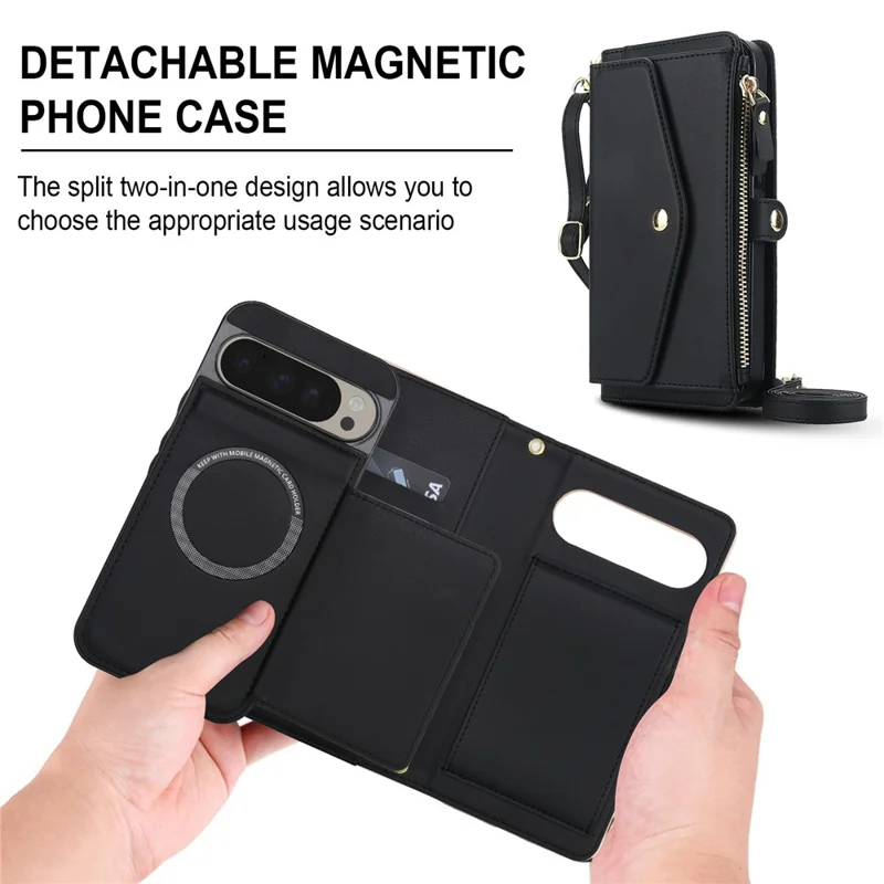For Google Pixel 9 Pro XL Wallet Case Magnetic Detachable PU Leather Phone Cover with 2 Straps - Black