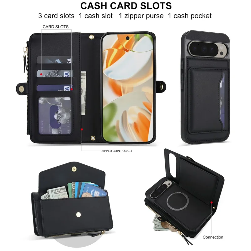 For Google Pixel 9 Pro XL Wallet Case Magnetic Detachable PU Leather Phone Cover with 2 Straps - Black