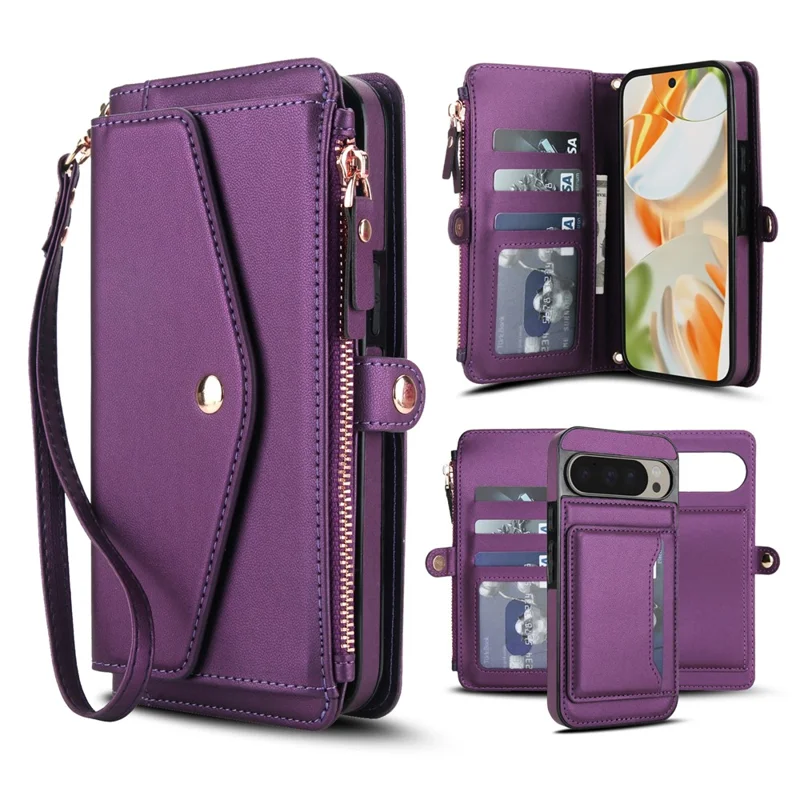 For Google Pixel 9 Pro XL Wallet Case Magnetic Detachable PU Leather Phone Cover with 2 Straps - Purple