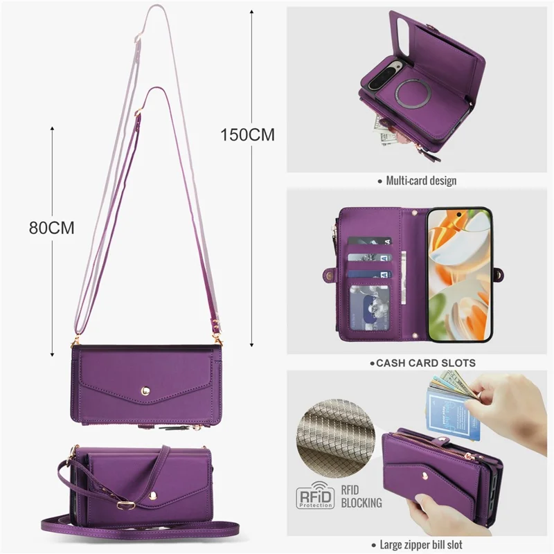 For Google Pixel 9 Pro XL Wallet Case Magnetic Detachable PU Leather Phone Cover with 2 Straps - Purple