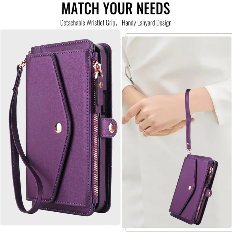 For Google Pixel 9 Pro XL Wallet Case Magnetic Detachable PU Leather Phone Cover with 2 Straps - Purple