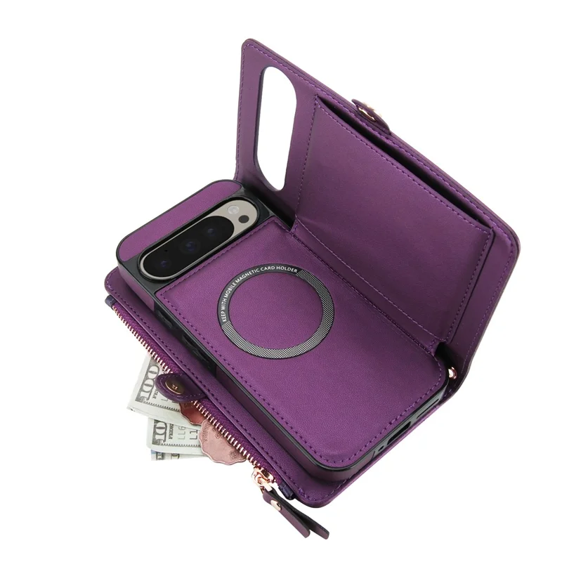 For Google Pixel 9 Pro XL Wallet Case Magnetic Detachable PU Leather Phone Cover with 2 Straps - Purple