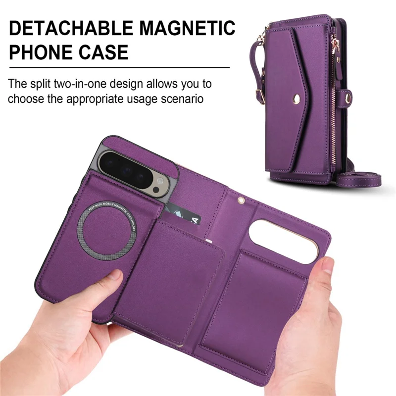 For Google Pixel 9 Pro XL Wallet Case Magnetic Detachable PU Leather Phone Cover with 2 Straps - Purple