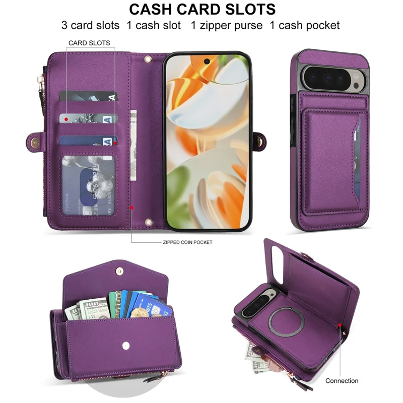 For Google Pixel 9 Pro XL Wallet Case Magnetic Detachable PU Leather Phone Cover with 2 Straps - Purple