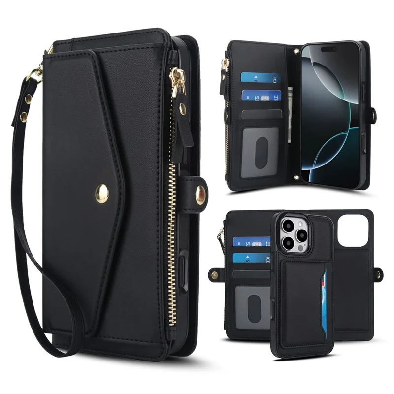 Cover a portafoglio magnetico staccabile per iPhone 16 Pro Max in pelle PU con 2 cinghie - Nero