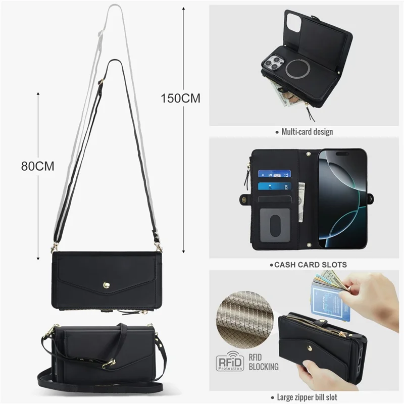 Cover a portafoglio magnetico staccabile per iPhone 16 Pro Max in pelle PU con 2 cinghie - Nero