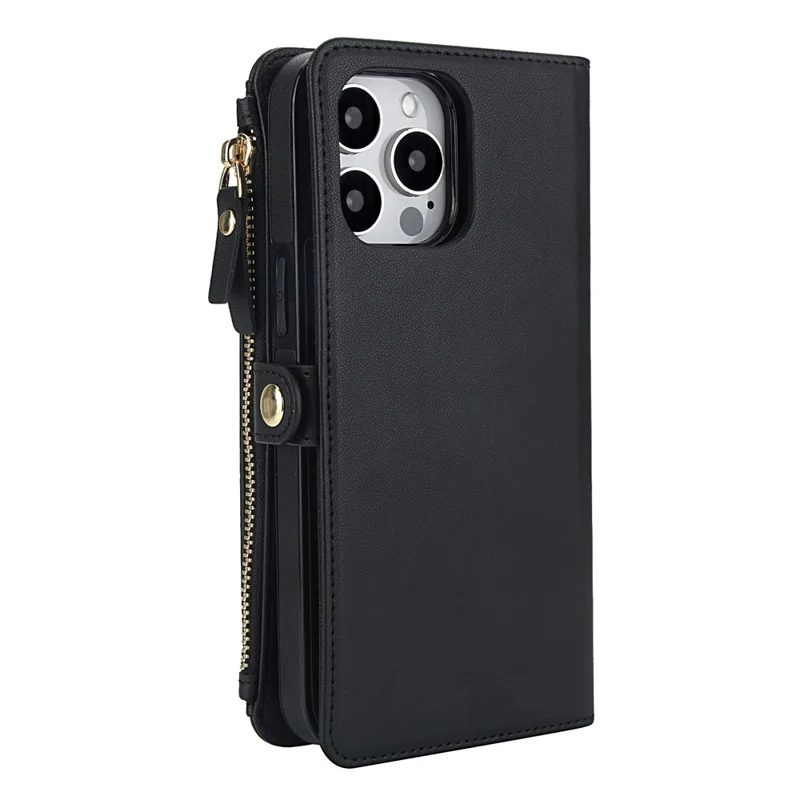Cover a portafoglio magnetico staccabile per iPhone 16 Pro Max in pelle PU con 2 cinghie - Nero