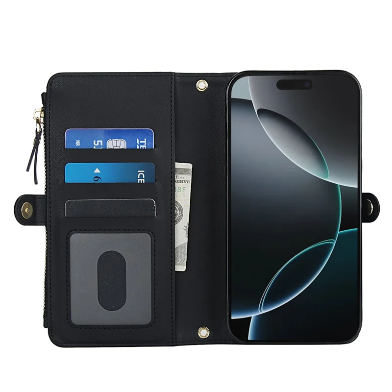 Cover a portafoglio magnetico staccabile per iPhone 16 Pro Max in pelle PU con 2 cinghie - Nero