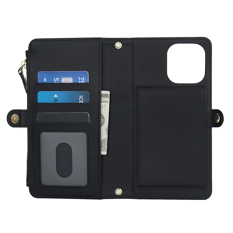Cover a portafoglio magnetico staccabile per iPhone 16 Pro Max in pelle PU con 2 cinghie - Nero