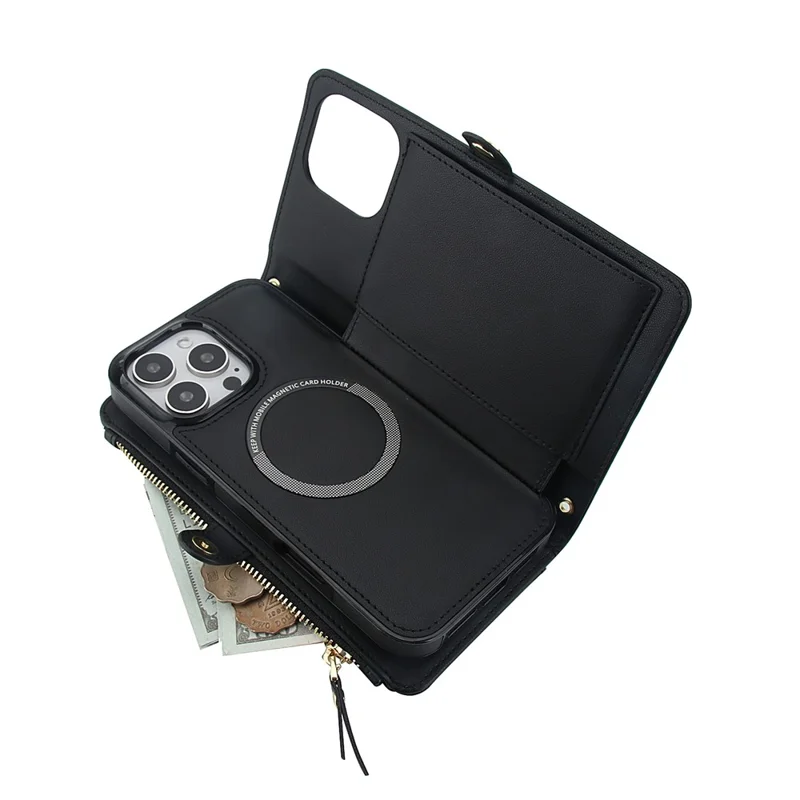 Cover a portafoglio magnetico staccabile per iPhone 16 Pro Max in pelle PU con 2 cinghie - Nero