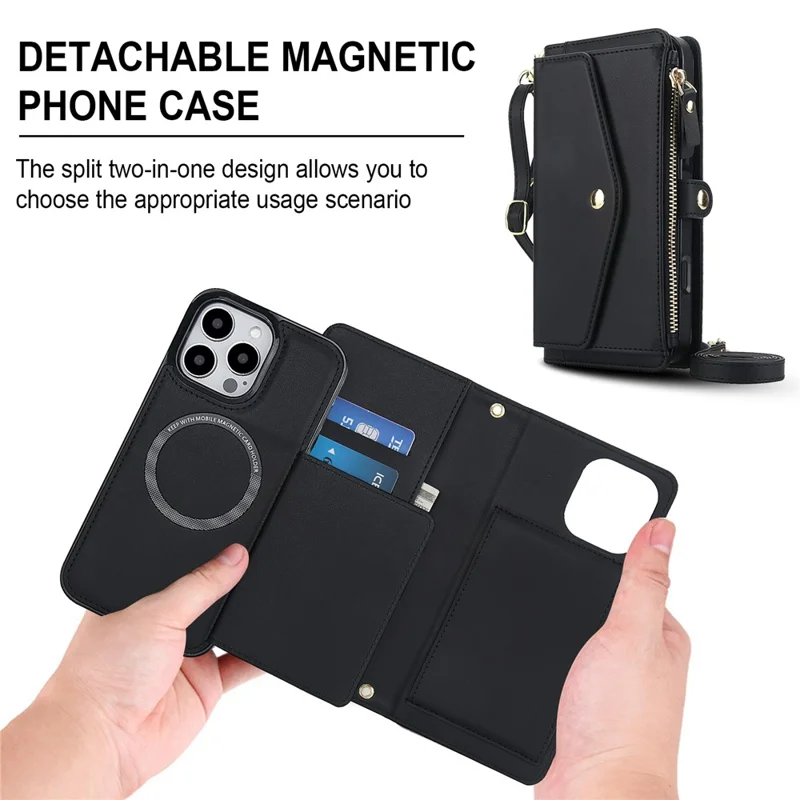 Cover a portafoglio magnetico staccabile per iPhone 16 Pro Max in pelle PU con 2 cinghie - Nero