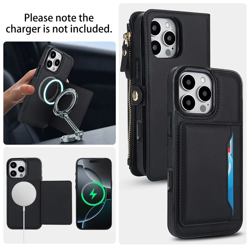 Cover a portafoglio magnetico staccabile per iPhone 16 Pro Max in pelle PU con 2 cinghie - Nero