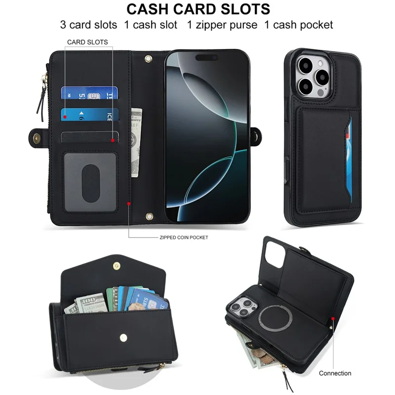Cover a portafoglio magnetico staccabile per iPhone 16 Pro Max in pelle PU con 2 cinghie - Nero