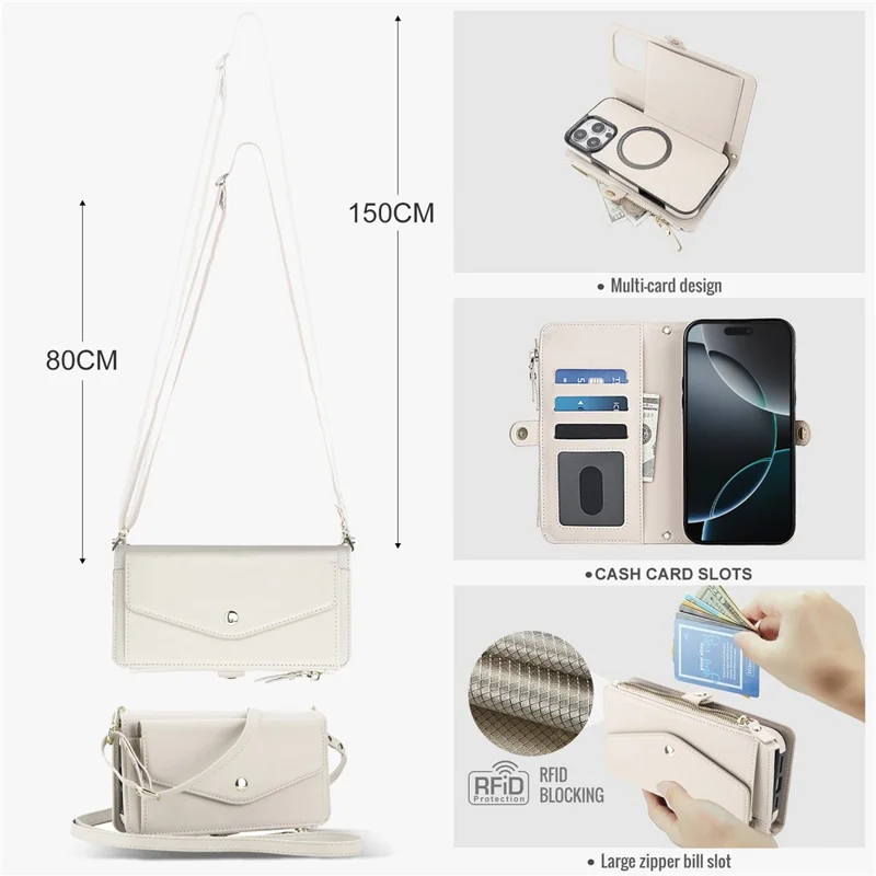 For iPhone 16 Pro Max Wallet Case Magnetic Detachable PU Leather Phone Cover with 2 Straps - White