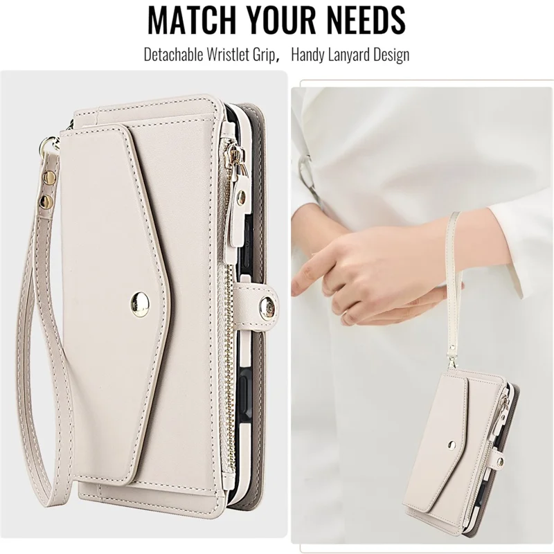 For iPhone 16 Pro Max Wallet Case Magnetic Detachable PU Leather Phone Cover with 2 Straps - White