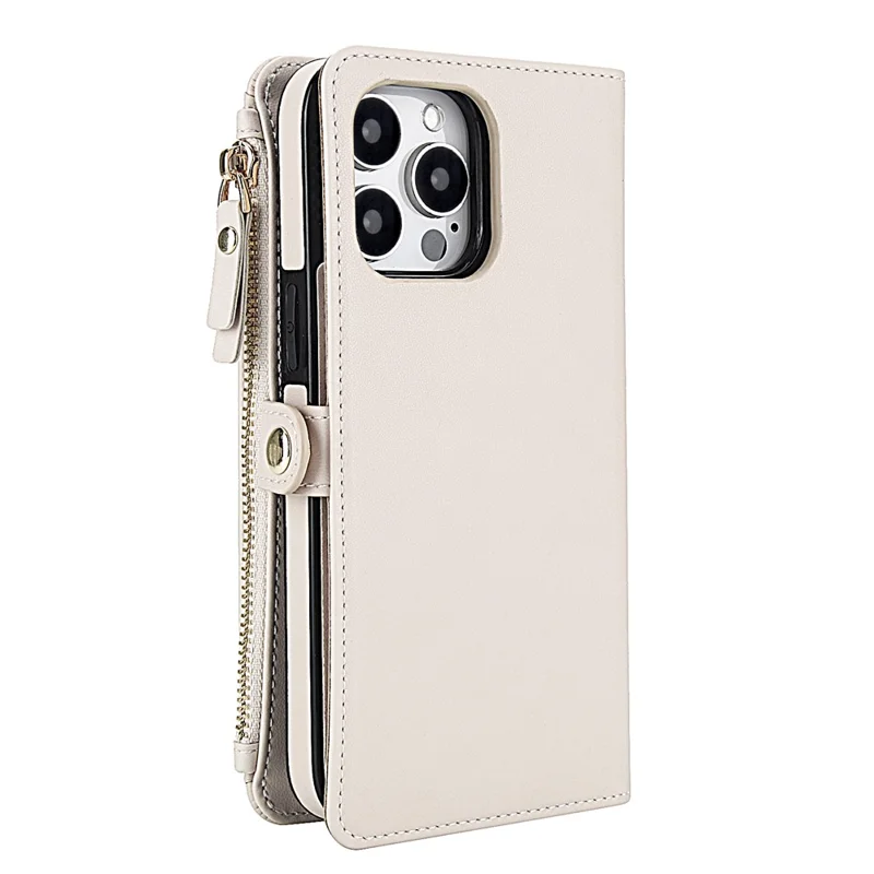 For iPhone 16 Pro Max Wallet Case Magnetic Detachable PU Leather Phone Cover with 2 Straps - White