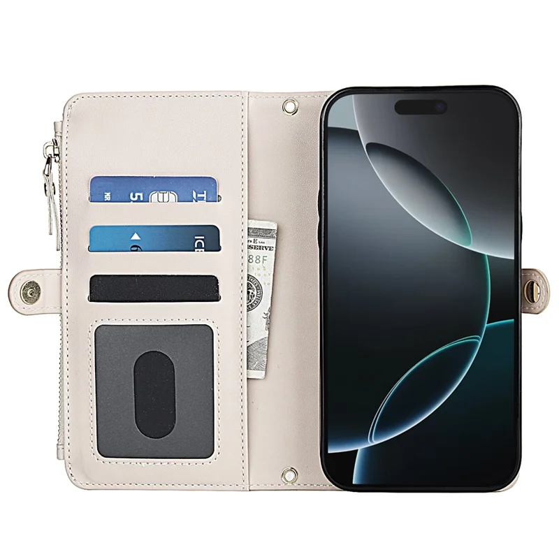 For iPhone 16 Pro Max Wallet Case Magnetic Detachable PU Leather Phone Cover with 2 Straps - White
