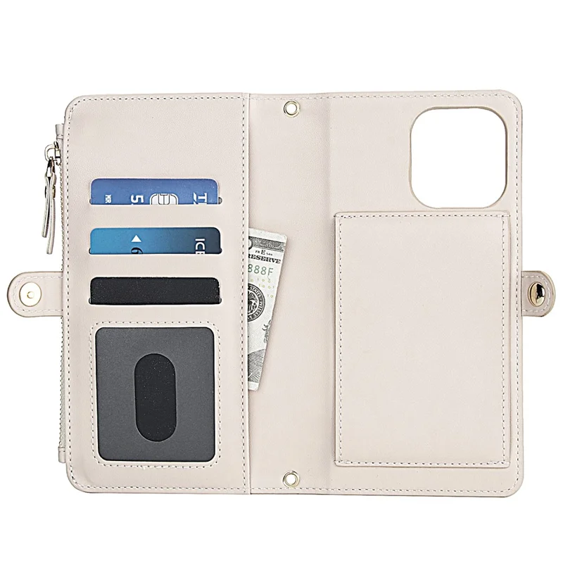 For iPhone 16 Pro Max Wallet Case Magnetic Detachable PU Leather Phone Cover with 2 Straps - White