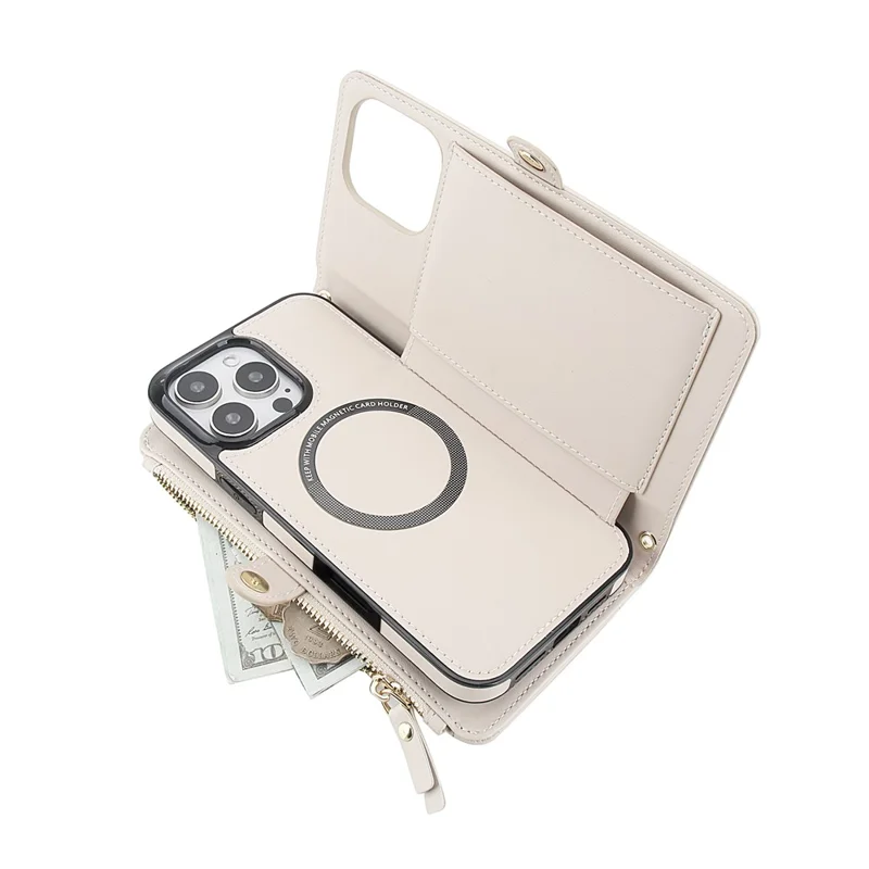 For iPhone 16 Pro Max Wallet Case Magnetic Detachable PU Leather Phone Cover with 2 Straps - White