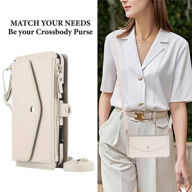 For iPhone 16 Pro Max Wallet Case Magnetic Detachable PU Leather Phone Cover with 2 Straps - White