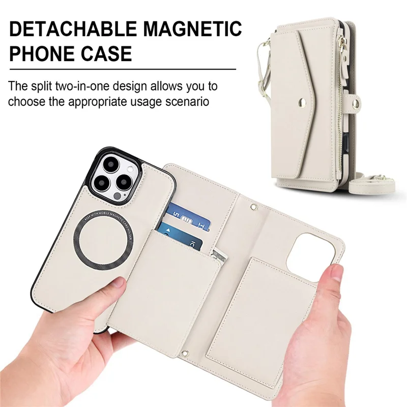 For iPhone 16 Pro Max Wallet Case Magnetic Detachable PU Leather Phone Cover with 2 Straps - White