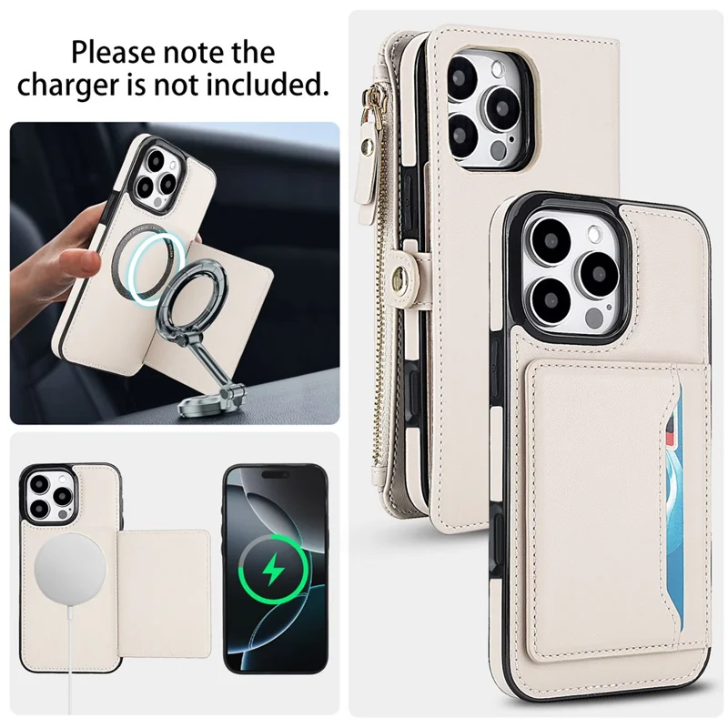 For iPhone 16 Pro Max Wallet Case Magnetic Detachable PU Leather Phone Cover with 2 Straps - White