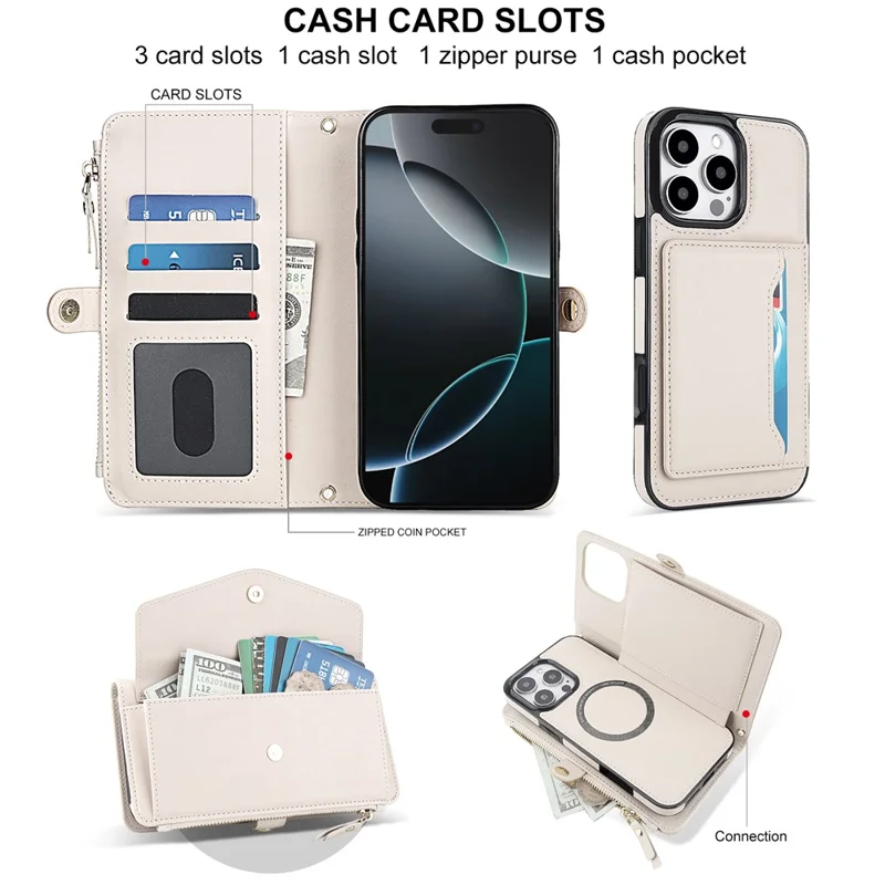For iPhone 16 Pro Max Wallet Case Magnetic Detachable PU Leather Phone Cover with 2 Straps - White