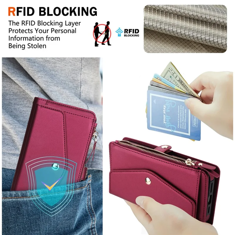For iPhone 16 Pro Max Wallet Case Magnetic Detachable PU Leather Phone Cover with 2 Straps - Red