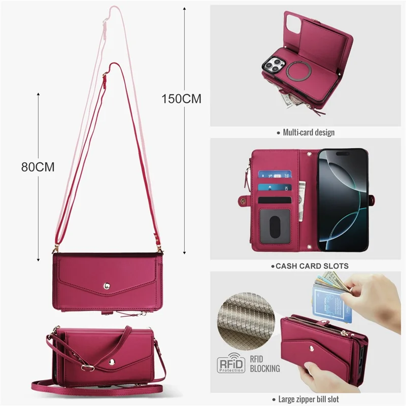 For iPhone 16 Pro Max Wallet Case Magnetic Detachable PU Leather Phone Cover with 2 Straps - Red