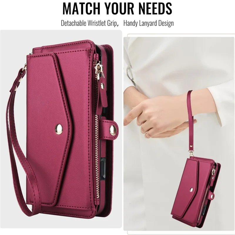 For iPhone 16 Pro Max Wallet Case Magnetic Detachable PU Leather Phone Cover with 2 Straps - Red