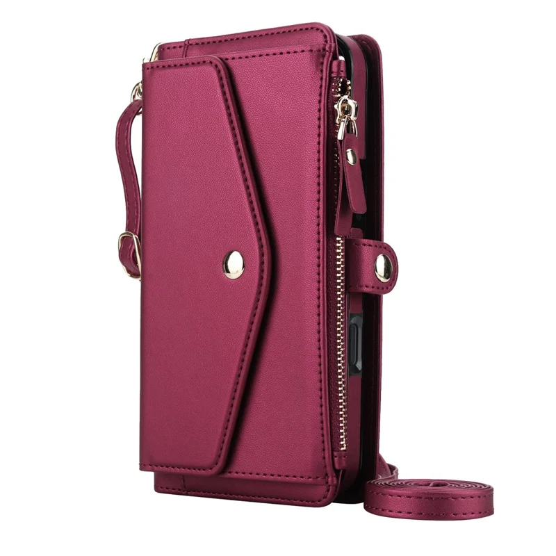 For iPhone 16 Pro Max Wallet Case Magnetic Detachable PU Leather Phone Cover with 2 Straps - Red