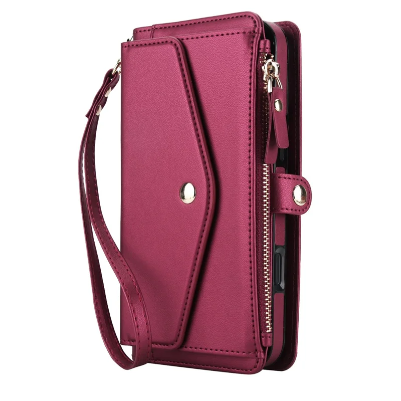 For iPhone 16 Pro Max Wallet Case Magnetic Detachable PU Leather Phone Cover with 2 Straps - Red