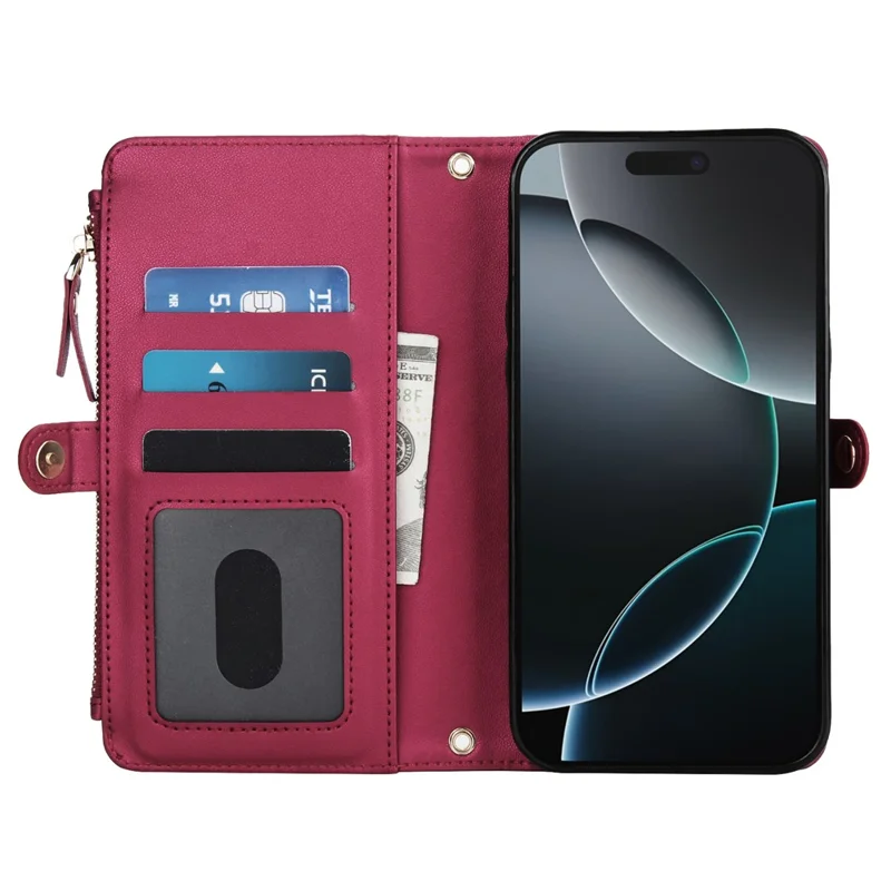 For iPhone 16 Pro Max Wallet Case Magnetic Detachable PU Leather Phone Cover with 2 Straps - Red