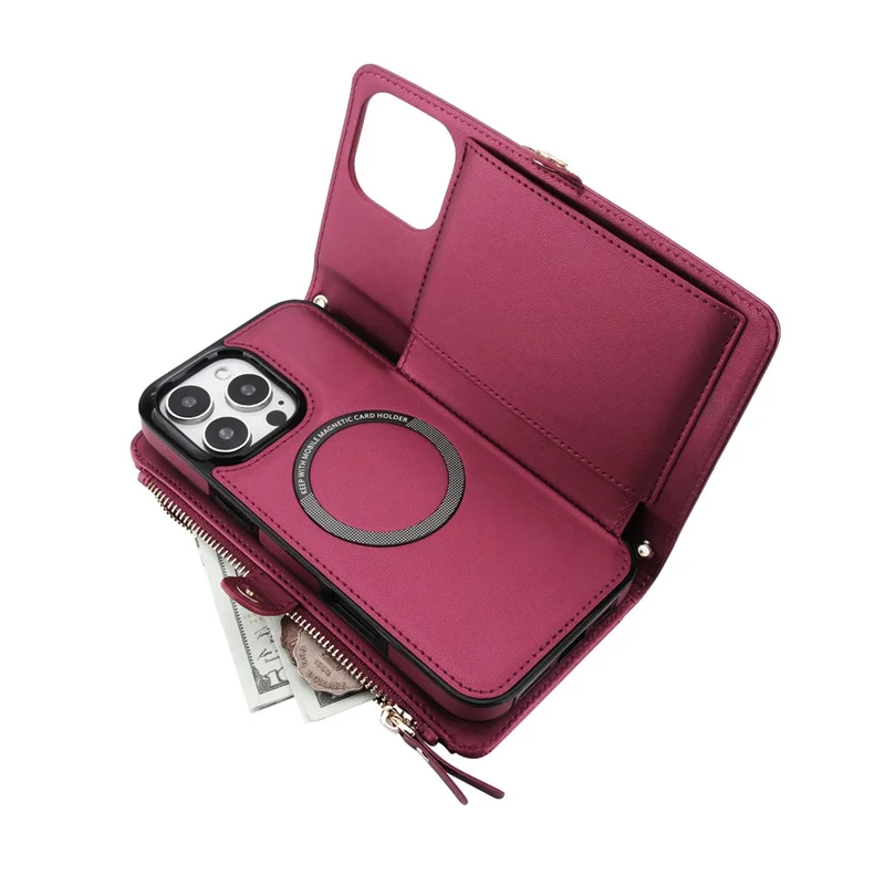 For iPhone 16 Pro Max Wallet Case Magnetic Detachable PU Leather Phone Cover with 2 Straps - Red