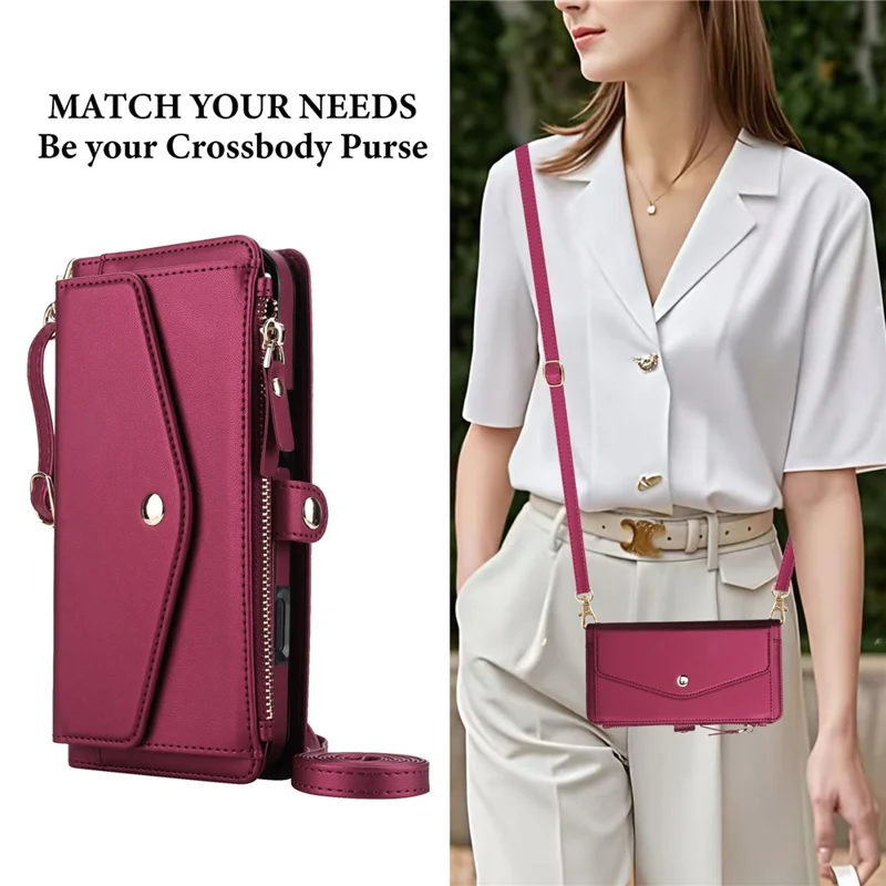 For iPhone 16 Pro Max Wallet Case Magnetic Detachable PU Leather Phone Cover with 2 Straps - Red