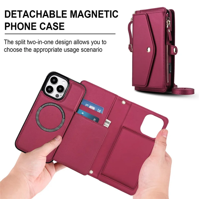 For iPhone 16 Pro Max Wallet Case Magnetic Detachable PU Leather Phone Cover with 2 Straps - Red