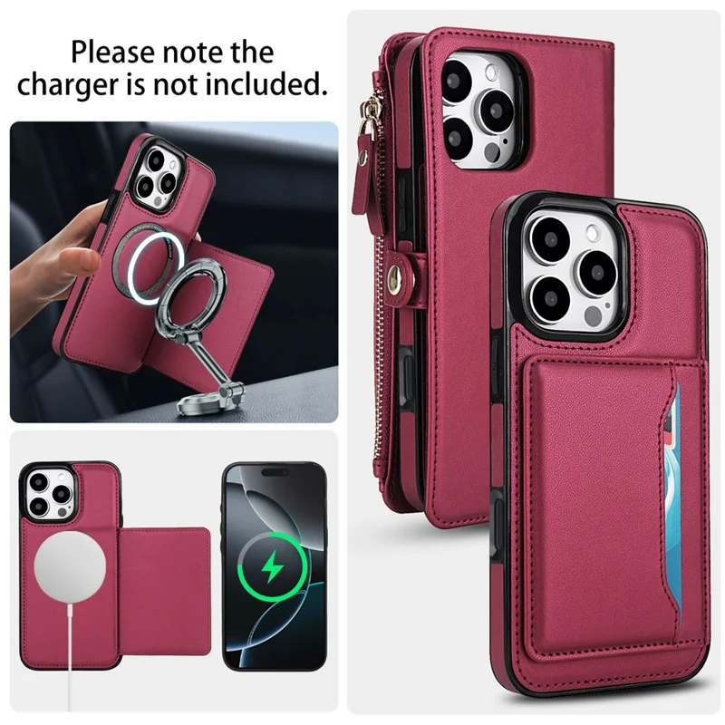 For iPhone 16 Pro Max Wallet Case Magnetic Detachable PU Leather Phone Cover with 2 Straps - Red