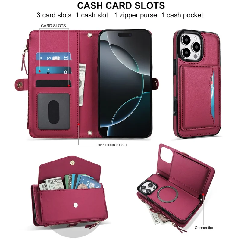 For iPhone 16 Pro Max Wallet Case Magnetic Detachable PU Leather Phone Cover with 2 Straps - Red
