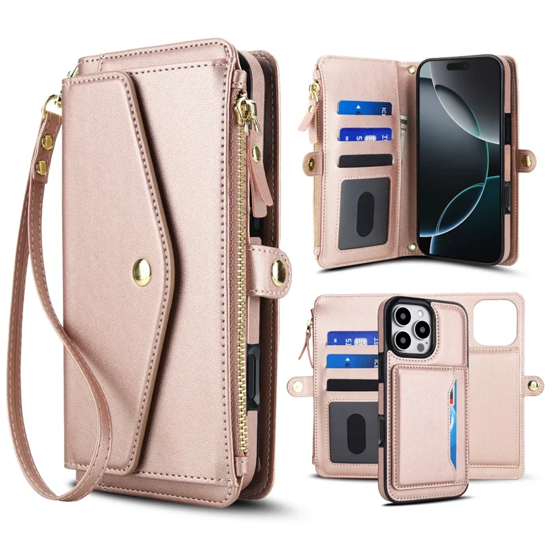 For iPhone 16 Pro Max Wallet Case Magnetic Detachable PU Leather Phone Cover with 2 Straps - Rose Gold