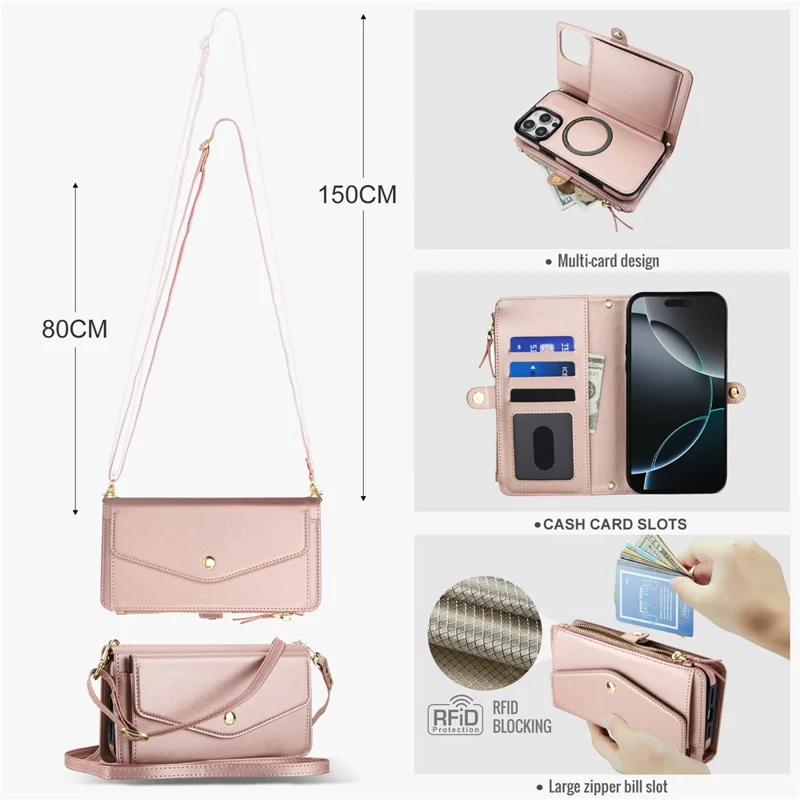 For iPhone 16 Pro Max Wallet Case Magnetic Detachable PU Leather Phone Cover with 2 Straps - Rose Gold