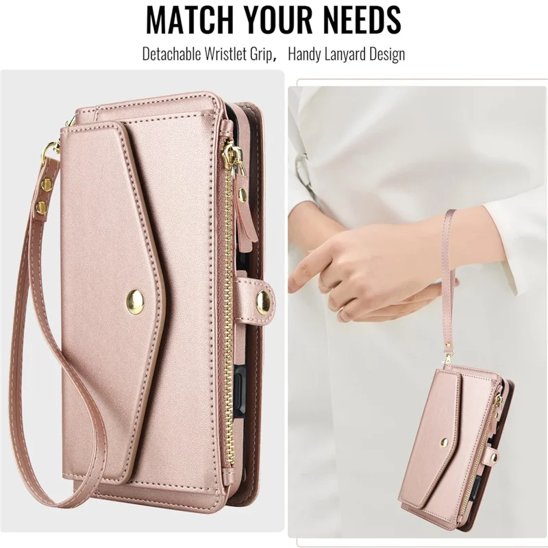 For iPhone 16 Pro Max Wallet Case Magnetic Detachable PU Leather Phone Cover with 2 Straps - Rose Gold