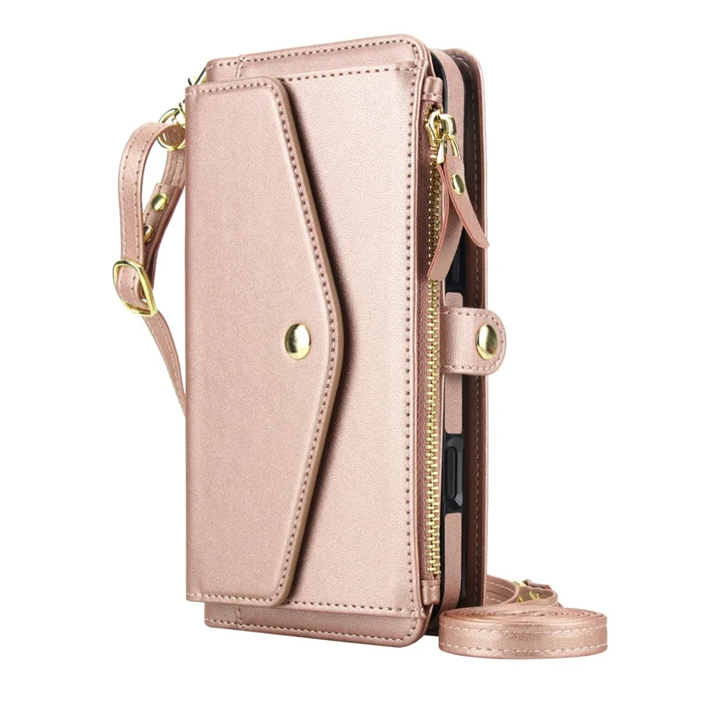 For iPhone 16 Pro Max Wallet Case Magnetic Detachable PU Leather Phone Cover with 2 Straps - Rose Gold