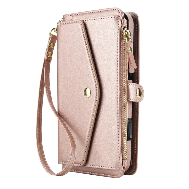 For iPhone 16 Pro Max Wallet Case Magnetic Detachable PU Leather Phone Cover with 2 Straps - Rose Gold